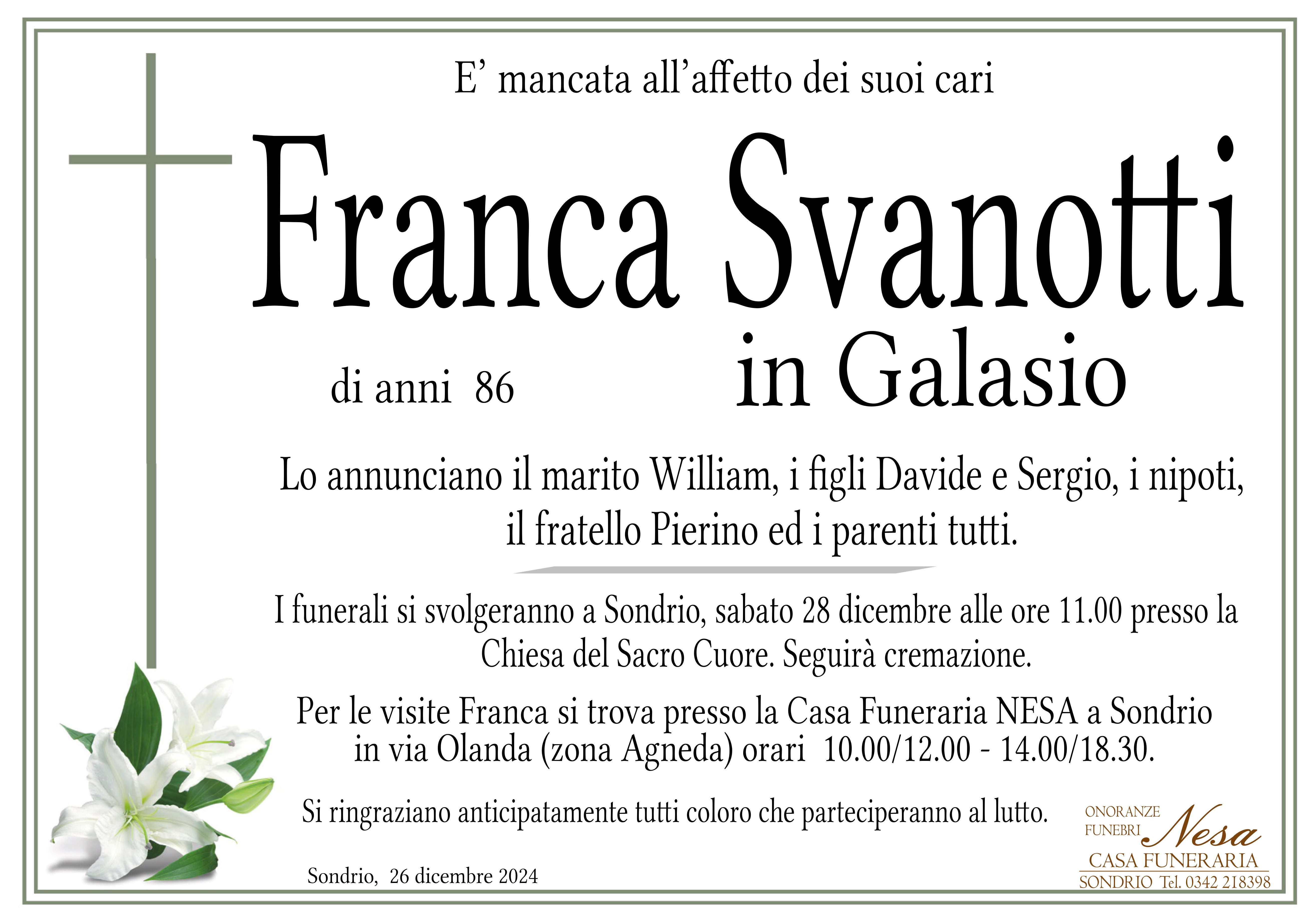 Necrologio Franca Svanotti in Galasio